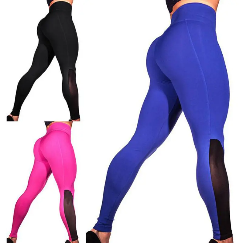 J0026 Hot Selling Lady Compression Tights Black Rose Red Blue Flesh Sexy Sports Trousers Mesh Yoga Pants Women Fitness Leggings