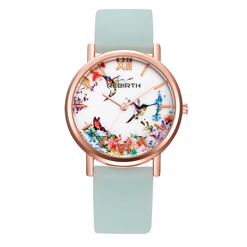 Renacimiento RE062 bastante dama dibujar Dial reloj de las mujeres flor pájaro Rosa reloj de pulsera de oro para mujer correa de cuero analógico dama Relojes