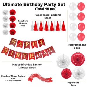 46 pcs rote und weiße Geburtstags feier dekorationen Papier fächer Luftballons Alles Gute zum Geburtstag Banner Pom Pom Flower