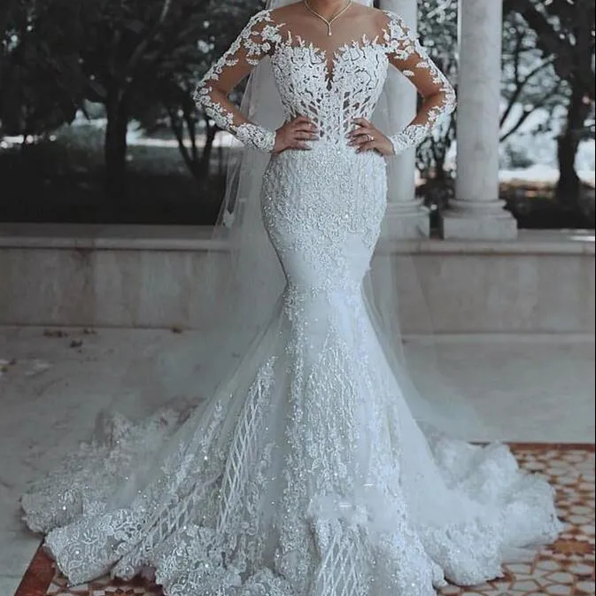 FA132 Sexy Long Sleeves Lace Wedding Dress 2022 New See Through Back Lace Mermaid Robe Custom Bride Dress