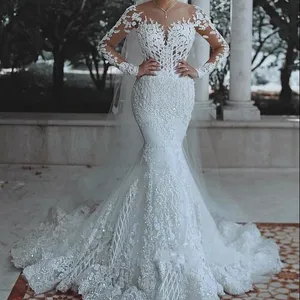 FA132 seksi uzun kollu dantel düğün elbisesi 2022 yeni geri See Through dantel Mermaid elbise Custom gelinlik