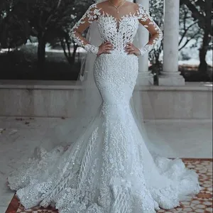 Fa132 vestido de casamento de renda sereia, mangas compridas sensual, transparente, costas, robe, vestido de noiva personalizado, 2022