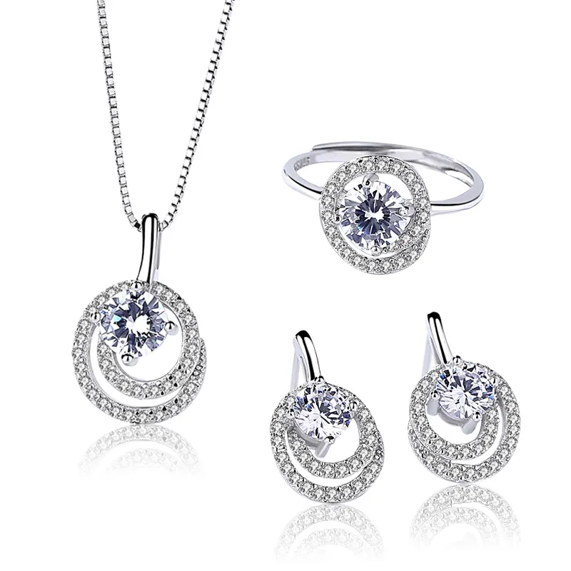 Grosir sederhana Set perhiasan 925 perak murni kubik zirkonia berongga bulat berbentuk perhiasan Set untuk wanita