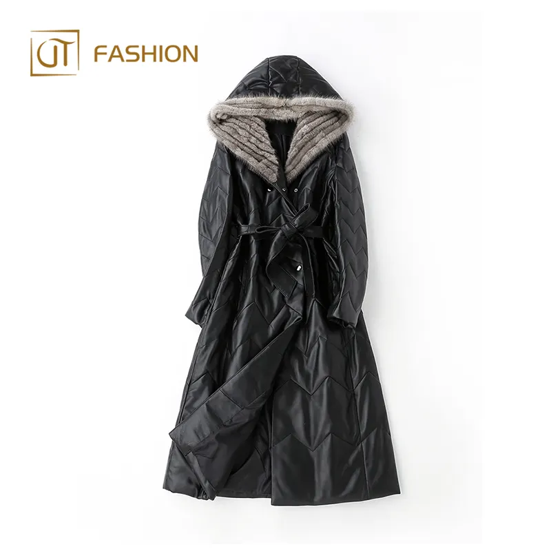 2018 new arrival jtfur real sheep skin long women coat with knitted mink hood down jacket