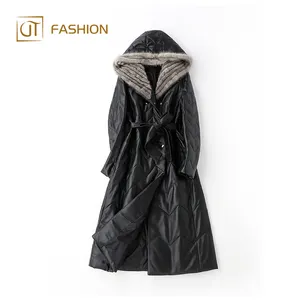 2018 new arrival jtfur real sheep skin long women coat with knitted mink hood down jacket