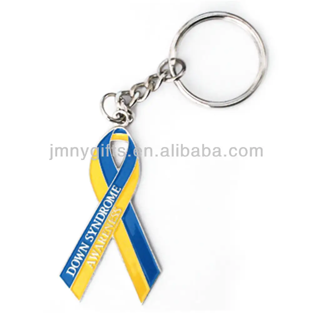 Down Syndrome Awareness Metal Silver Ribbon Keychain