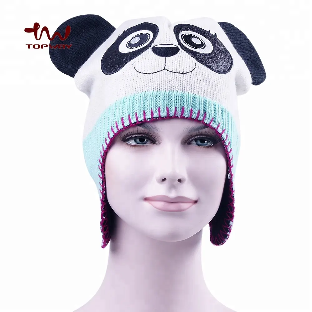 Sọc Và Panda Mặt Tùy Chỉnh Beanie Hat Với Ear Muff