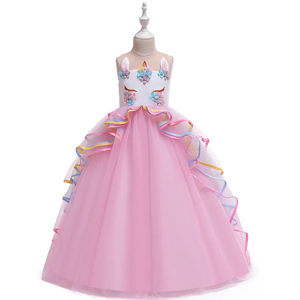 MQATZ unicorn Girls Flower Vintage Wedding Party Evening Formal Dance Gown Dress For Kids DJS009