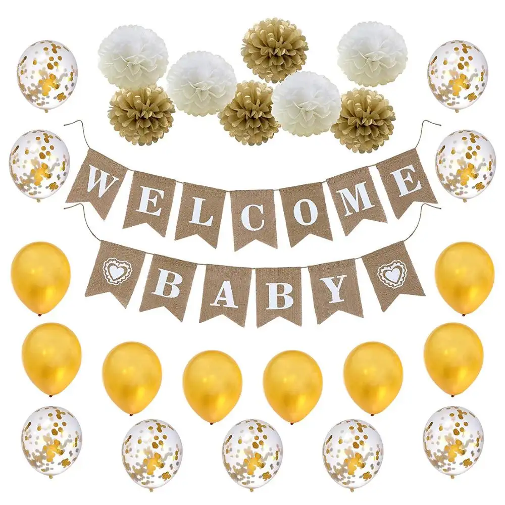 Jute Welkom Baby Banner Met Papier Pom Poms Bloemen En Latex Ballonnen Goud Confetti Ballonnen Voor Baby Shower
