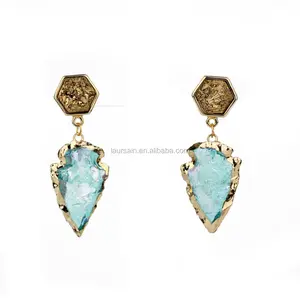 LS-D088 Wholesale druzy stud aqua arrowhead charm earrings with gold plated