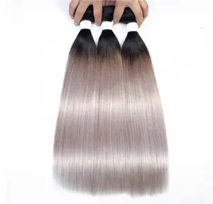 Estensioni di <span class=keywords><strong>Capelli</strong></span> Umani Brasiliani Grigio Platino Ombré, 3 Fasci Bicolore 1B/Grigio, Radici Scure, Lisci - Product Image 1