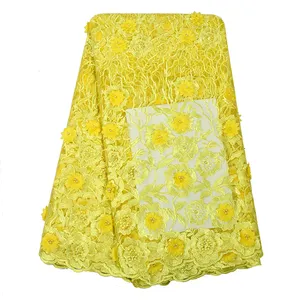 Produk China FL0314 Kuning 3D Flower Bahasa Perancis Renda/Bordir Renda Kain untuk Gaun