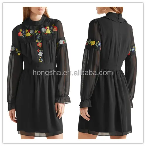 Georgette-vestido negro con bordado para niñas, Mini vestido Sexy para mujer, hsd2327
