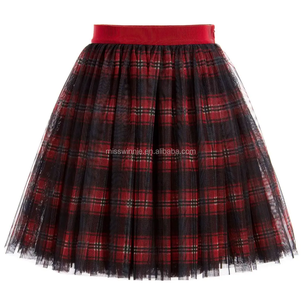 ファッション子供女の子スカート赤黒チェック柄チュールプリーツスカートカジュアルスタイル子供女の子のチュチュスカート
