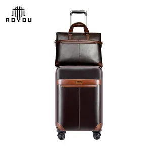 2019 High quality business men PU luggage leather suitcase with briefcase and TSA Lock