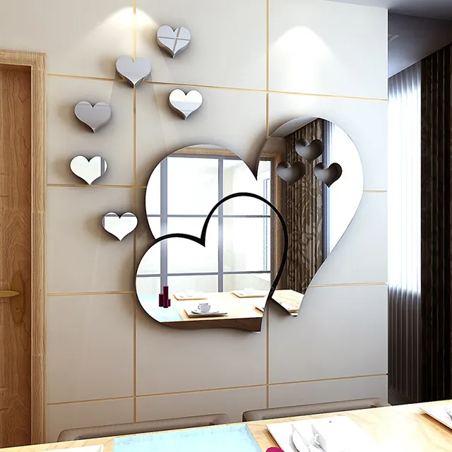 hot sale love heart Fashional adhesive removable sticker heart shape 3d wall art mirror acrylic wall sticker