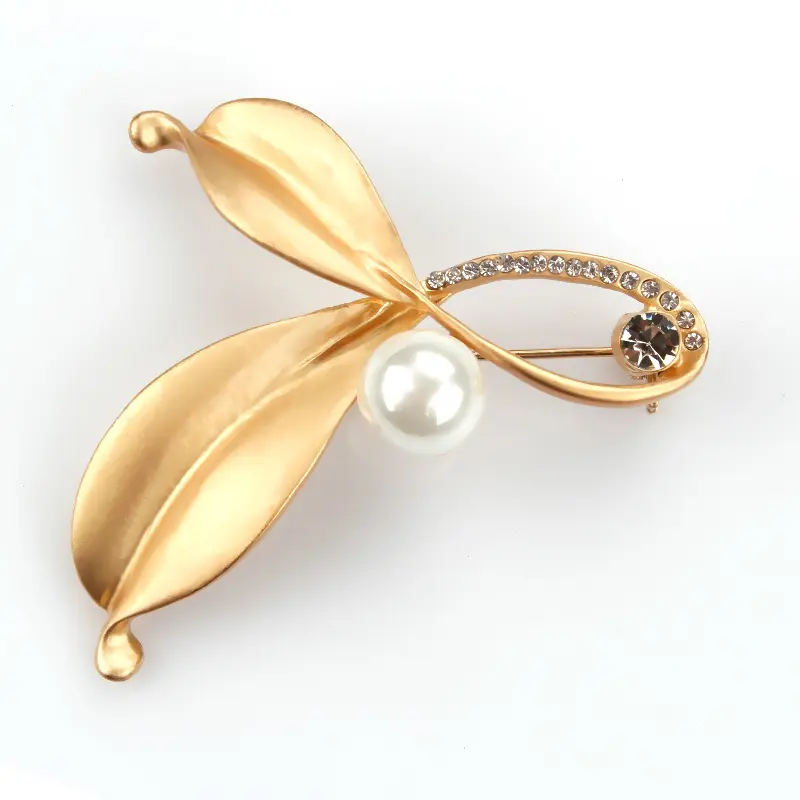 Chic leaves shaped silver gold lvory little crystal pearl jewelry brooch pins