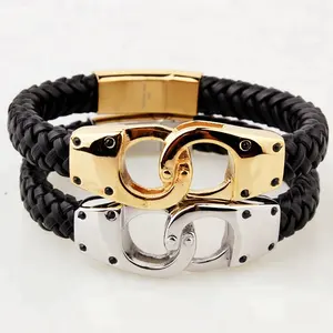 Marlary High Quality Fashion 18K Gold Plated Male Genuine Leather Braid Jewelry Mens Leather Handcuff Bracelet