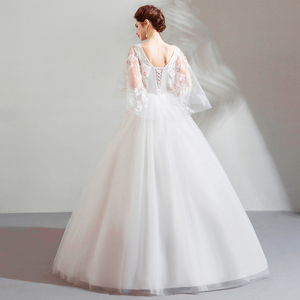 2019 Spring New Korean <strong>Plus</strong> <strong>Size</strong> 3xl Ivory Flower Beaded Floor Length Batwing Sleeve Lace up Back Princess <strong>Wedding</strong> <strong>Dress</strong> - Product Image 3