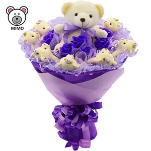 Valentine Hadiah Kartun Plush Toy Teddy Bear Buket Bunga untuk Gadis Pernikahan Yang Indah Ungu Lembut Mainan Boneka Teddy Bear Bouquet