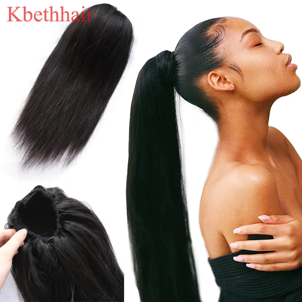 Kbeth прямой человеческий хвост Yaki, наращивание волос 2021, модный хвост на шнурке с зажимами в хвосте для черных женщин