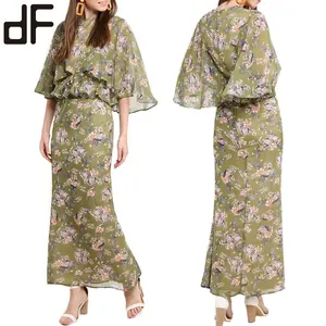 OEM Newest Custom Fashion Model Organza Green Baju Kurung Dress Skirt Kebaya Floral Printing Chiffon Baju Kurung