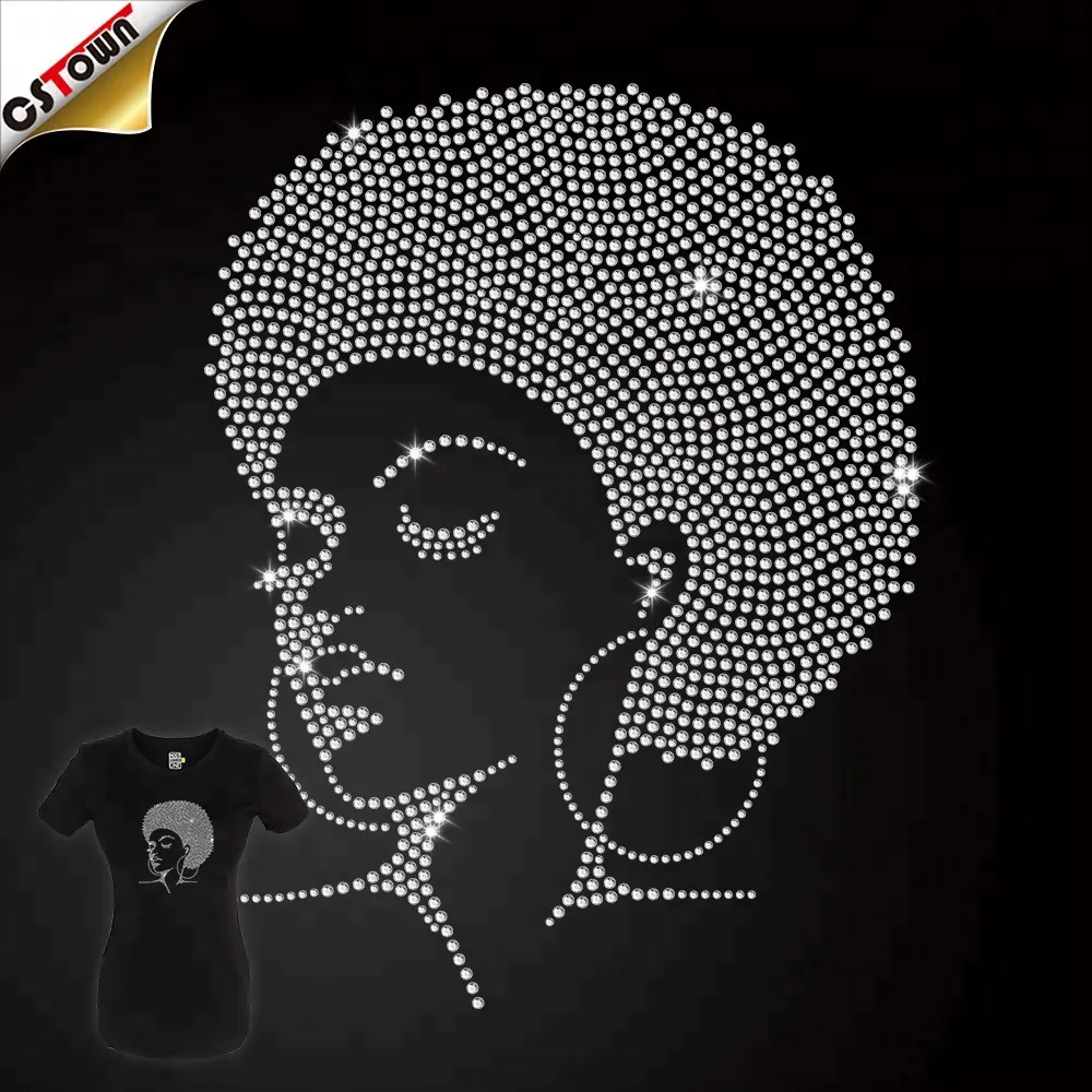 Custom Rhinestone Afro Meisje Bling Warmteoverdracht Ontwerp voor Shirts