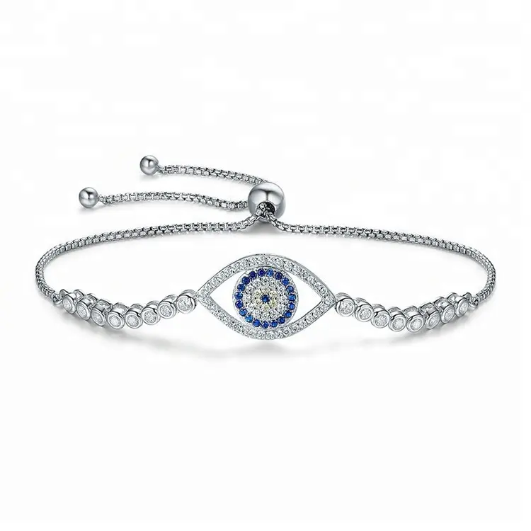 High Quality Charm Women Jewelry Evil Eye Bracelet Gold 925 Sterling Silver Plated Zircon Adjustable Tennis Religious Blue White