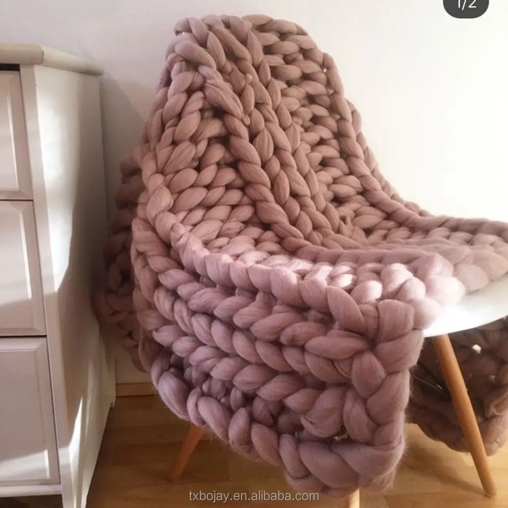 Manta gruesa de hilo de lana de Merino tejida para el brazo, manta grande y gigante de fieltro, 100% Merino teñido, manta de bebé de hilo suave Natural