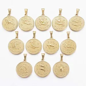 MECYLIFE 18K Gold Plated Stainless Jewelry Horoscope Pendant Medallion Coin Pendant Fashion Zodiac Pendant