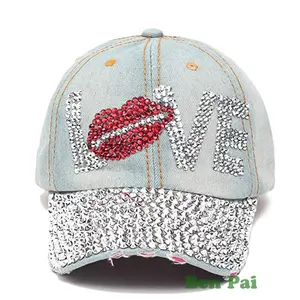 Mode Frauen Bling besetzt Strass Kristall Liebe Lippen Baseball Hüte