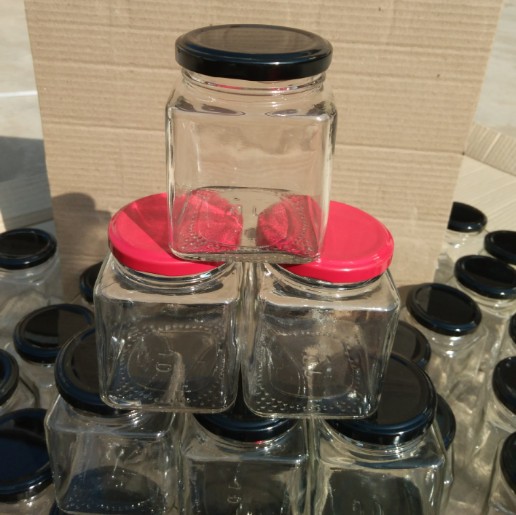 Clear empty food storage glass jar polygon glass jar with screw lid square glass food jar