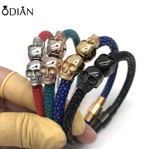 316 Roestvrijstalen Tweeling Schedel Armband Lederen Mannen Armband Mannen - Product Image 4