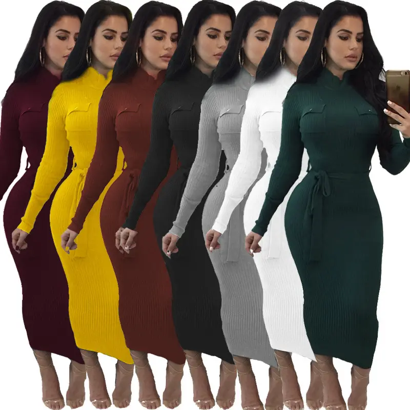 Spring Autumn Turtleneck Long sleeve Stretch Tight Pencil Dress Women Solid Slim Plus Size Long Pullovers sweater knit dress