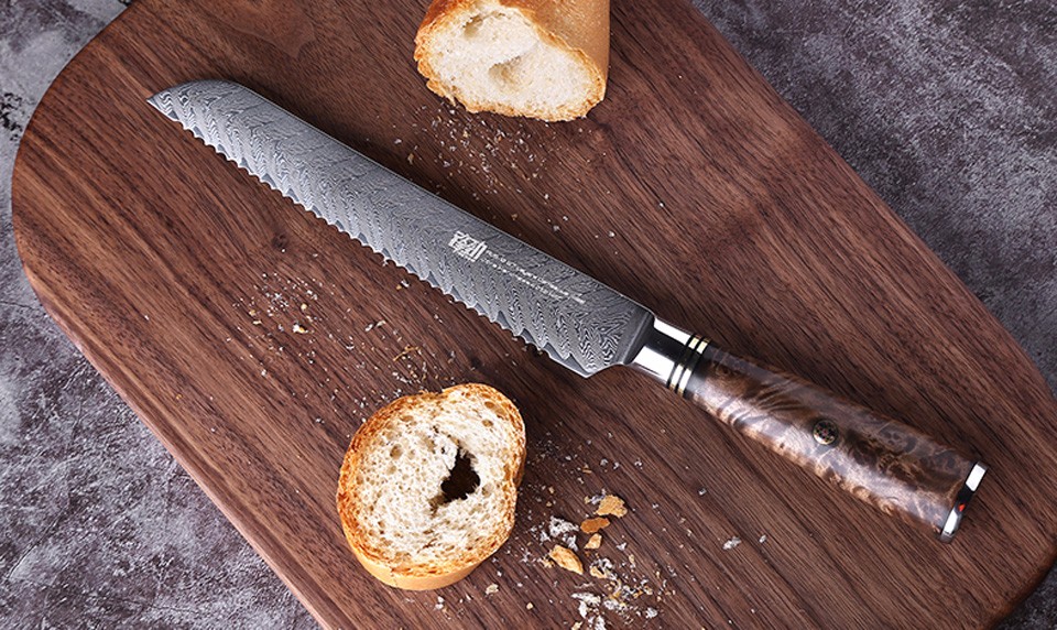 FINDKING 8 inch AUS-10 damascus steel arrow pattern Sapele wood handle 67 layers Bread knife