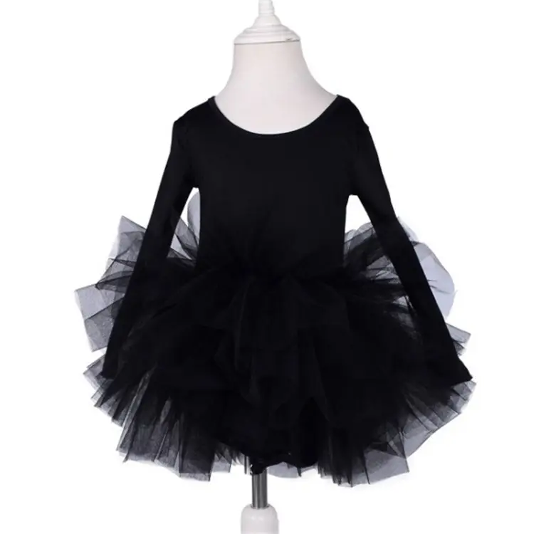 Fashion Design black pom`pom multicolor tutu girls ballet dancing dress for kids