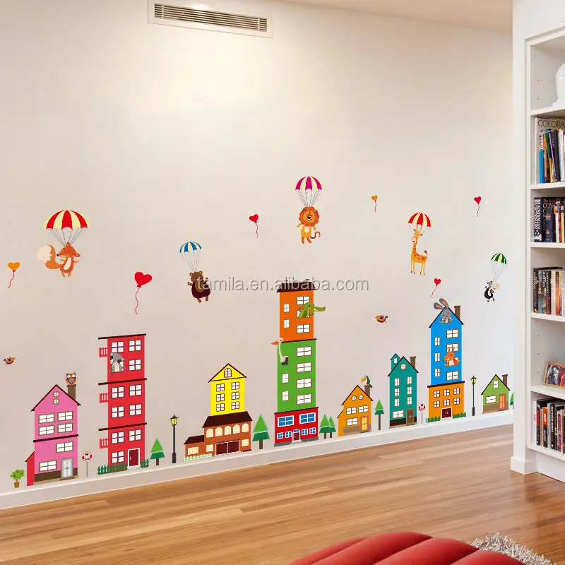 DIY Wall Sticker Cartoon House Castle Building Design Decals Cartoon Baby Room Children Bedroom Home Decor Stickers