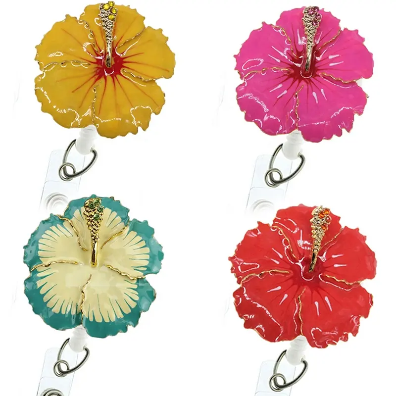 Doctor/Nurse accessories popular 50mm enamel gold Hawaiian Hibiscus Flowers Retractable id badge holder reel