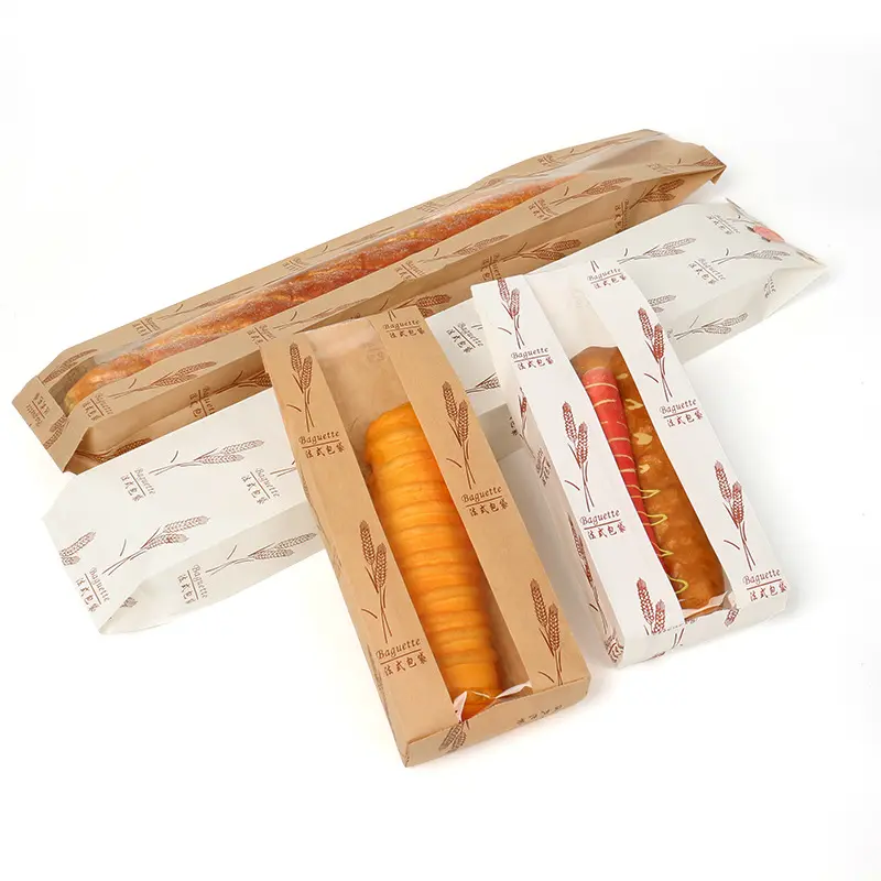 Embalaje de pan Baguette impreso personalizado, bolsas de papel Kraft para panadería con ventana