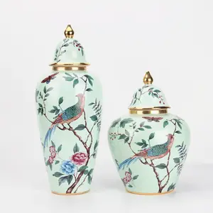 Vintage home ginger jar with lid home decor retro ceramic pot Asia style blue bird and flower paintings storage bottles