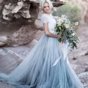 आकस्मिक फीता लघु आस्तीन अलाइन दुल्हन का गाउन रोमांटिक आइस ब्लू शादी की पोशाक