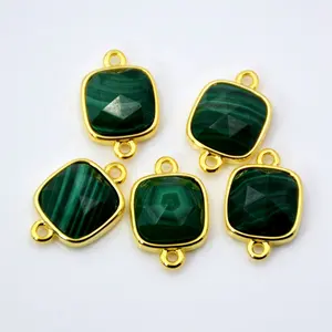 Green malachite connector Faceted square Gemstone charms cute tiny jewelry gold plated setting findings double bail pendant