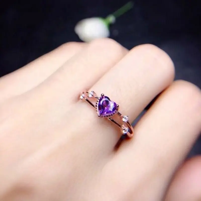 Caoshi Elegant Stylish Heart Ring Two Layers Stacking Ring Amethyst Ring 925 Silver