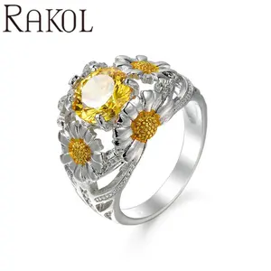 Rakol ZR2279 太阳花金黄色锆石白金婚礼订婚戒指