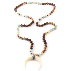 Perhiasan Suku Bohemian Amazonite Pic Jasper Batu Mata Harimau Tanduk Sapi 108 Manik-manik Mala Kalung Liontin Bulan Sabit