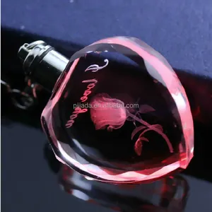 akrilik anahtarlık temizle çiçek Suppliers-Güzel kalp şekli 3D lazer kazınmış gül çiçek kristal cam anahtarlık LED ışık düğün hediyeleri için