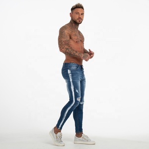 <span class=keywords><strong>Jeans</strong></span> Skinny Strappati Dipinti con Striscia Laterale Blu Affusolati e Stretti da <span class=keywords><strong>Uomo</strong></span> Gingtto - Product Image 1