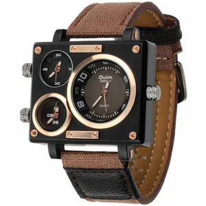 Relojes de hombres superior de la marca de lujo de Oulm 3595 único diseñador relojes de los hombres de moda cuadrado cara grande 3 zona horaria reloj Casual de cuarzo