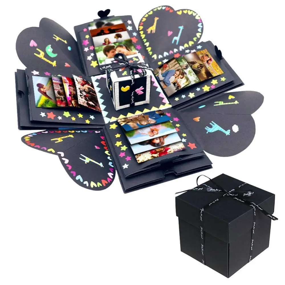 Yaratıcı Siyah Patlama Kutusu, DIY Fotoğraf Albümü Sürpriz Kutusu, Aşk Bellek Scrapbooking Hediye Kutusu Doğum Günü Noel için Yıldönümü
