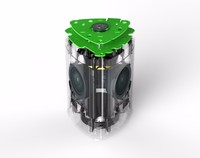 Un concepto de producto innovador para 2026: un altavoz tecnológico diseñado con sonido vibrante y efectos de sonido de modo de 3 vías.